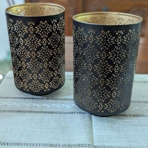 QTY 2 Black Metal Diamond Cut Candle Holders - 8" Tall